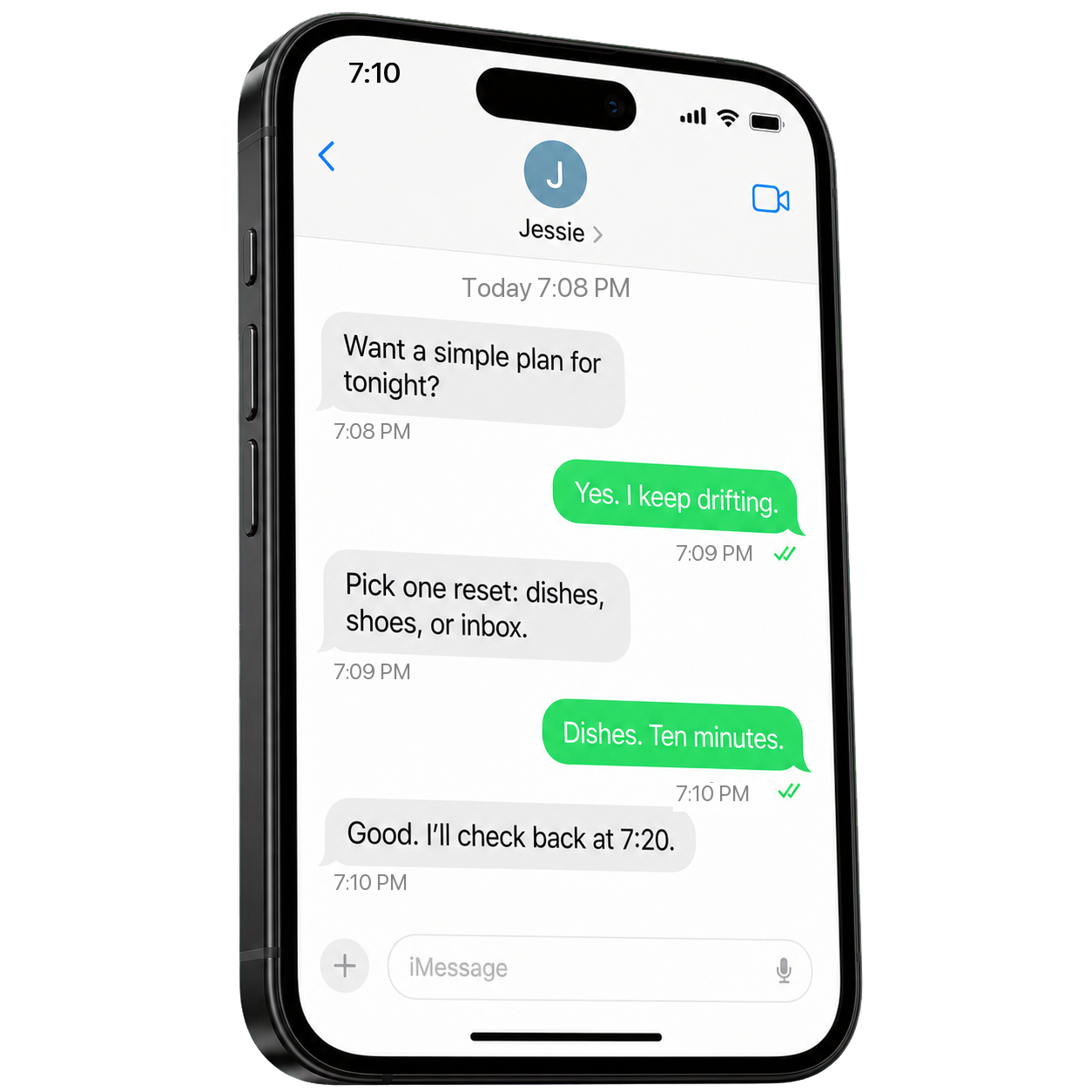 Jessie Chat text message conversation turning a drifting evening into a simple ten-minute reset.
